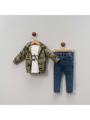 Baskılı Ceketli Denım Pantolonlu Üçlü Alt Üst Takım - BBX-0999-HAKI-18 Ay Haki