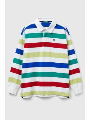 United Colors Of Benetton Erkek Çocuk 33CKC301X-25K Çizgili Uzun Kollu Polo Tshirt Beyaz