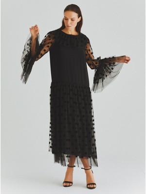 ROMAN Puantiyeli Tül Detaylı  Uzun Elbise Siyah K2011349_001