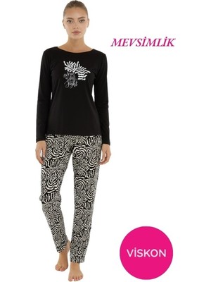 Bie's Kadın Siyah Desenli Bisiklet Yaka Düğmesiz Mevsimlik Likra Viskon Uzun Kol Pijama Takımı