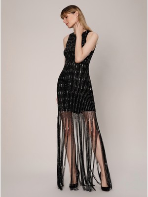 ROMAN Püskül Detaylı İşlemeli  Gece Elbisesi Siyah K1962102_001