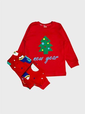 Elmas Kids Kız Çocuk %100 Pamuklu Kırmızı Çam Yeni Yıl Temalı Uzun Kollu Pijama Takımı
