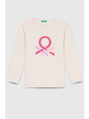 United Colors Of Benetton Kız Çocuk BNT-G23331 Uzun Kollu Tshirt Ekru