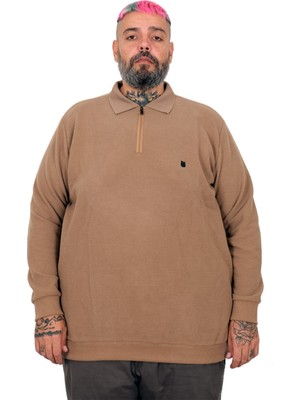 Cüsseli Büyük Beden Erkek Sweat Polo Yaka Waffle Selanik Sütlü Kahve 25822