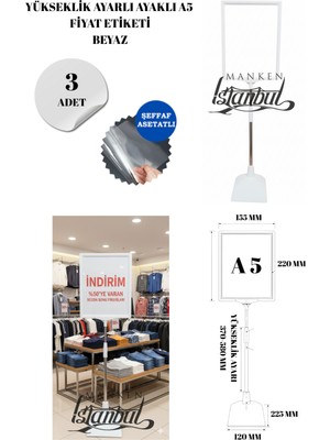 Manken İstanbul 3 Adet Beyaz A5 Ayaklı Fıyat Etiketi Çerçeveli Fıyat Etiketi Eşek Askılık Etiketi