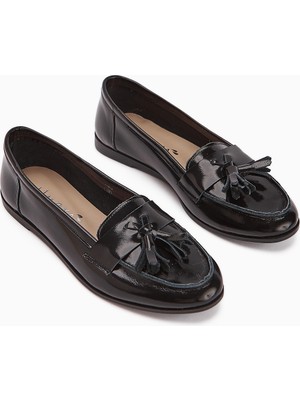 Limoya Doris Hakiki Deri Siyah Metalik Püsküllü Kadın Loafer Ayakkabı