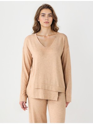 Jimmy Key Bej Melanj Uzun Kollu V Yaka Triko Kazak