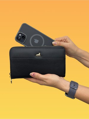 Shiny Ever Büyükboy Kadın Telefon Bölmeli Deri El Çantası Cüzdan Siyah Gold Detaylı