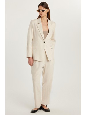 Tudors Kadın Slim Fit Uzun Kollu Mono Yaka Düğmeli Ekru Ceket Pantolonlu Takım