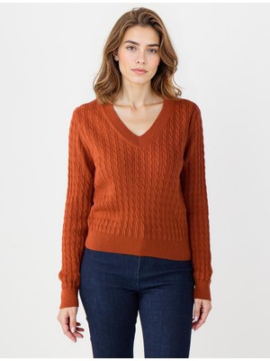 Jimmy Key Kıremıt V Yaka Saç Örgü Desenli Triko Kazak