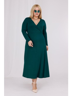 Madwilo Kadın Zümrüt Yeşil Kruvaze Yaka Büyük Beden Esnek Maxi Elbise