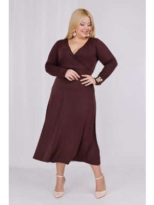 Madwilo Kadın Kahve Kruvaze Yaka Büyük Beden Esnek Maxi Elbise Günlük Tarz ve Trend Stil