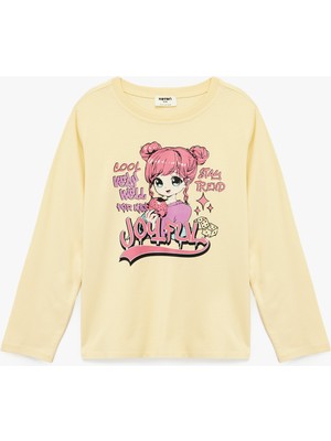 Koton Pamuklu Uzun Kollu Bisiklet Yaka Anime Baskılı Tişört