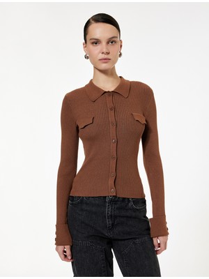 Koton Aplike Detaylı Uzun Kollu Polo Yaka Düğmeli Triko Kazak