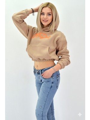 Afri Kadın Neon Christian Drop Yazılı Kapüşonlu Crop Kesim Vizon Sweatshirt Nakış Işlemeli