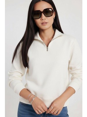 Afri Kadın 3 Iplik Şardonlu Yarım Fermuarlı Krem Sweatshirt – Içi Pamuklu Kalın Kumaş, Tam Kalıp Rahat Model