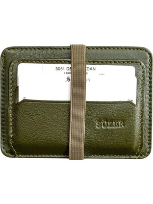 Lastikli Iki Katlı Mini Boy Ince Slim Basic Model Hakiki Deri Kredi Kartlık Haki