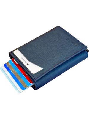 Hakiki Deri Otomatik Mekanizmalı Kredi Kartlık Lacivert