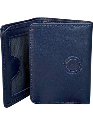 Üçe Katlamalı Model Mıknatıslı Hakiki Deri Erkek Cüzdan - Lacivert