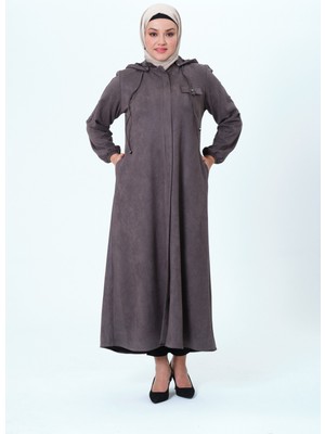 Desen Kadın Büyük Beden Kapüşonlu Mevsimlik Süet Ferace