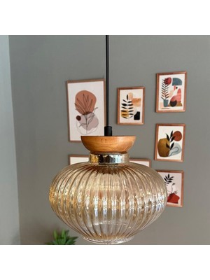 Bamyum Ruiz Cam Bal Rengi Tekli Avize Ahşap Tabak Başlık Retro Sarkıt Lamba Restoran Salon Aydınlatma