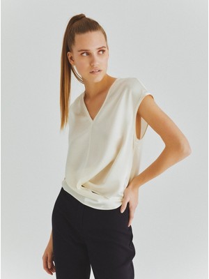 ROMAN %100 İpek V Yaka Bluz Kemik K2013208_019