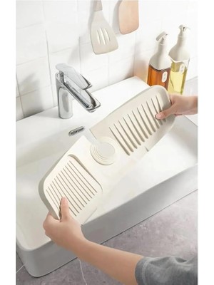 Krem Elastik Musluk Matı Su Tutucu Düzenleyici Kaydırmaz Taban Organizer Mutfak