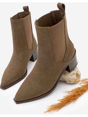 Marjin Kadın Sivri Burun Çift Lastikli Kalın Topuklu Bot Zefina Kahve Süet