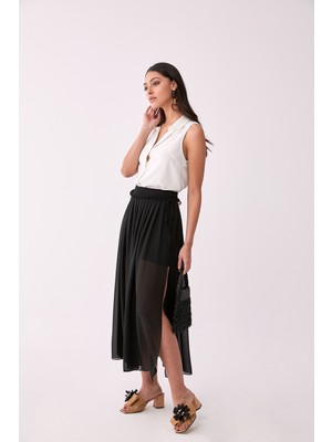 ROMAN Yırtmaçlı Transparan Tül Uzun Etek Siyah Y2015016_001