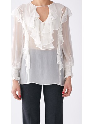 ROMAN %100 İpek Volanlı Transparan Bluz Ekru K1913120_049