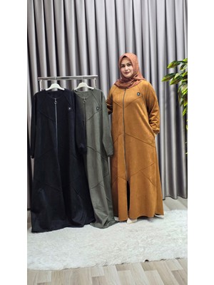 Elmas Tesettür Kadın Giyim Büyük Beden Tam Boy Baklava Desenli Uzun Süet Pardesü