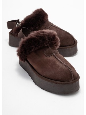 Luvi Olessa Kahverengi Hakiki Deri Süet Kadın Kürklü Terlik