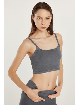 Tudors Kadın Slim Fit Kare Yaka Düz Basic Gri Crop Atlet