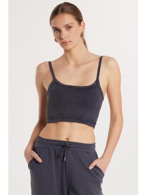 Tudors Kadın Slim Fit Kare Yaka Düz Basic Antrasit Crop Atlet