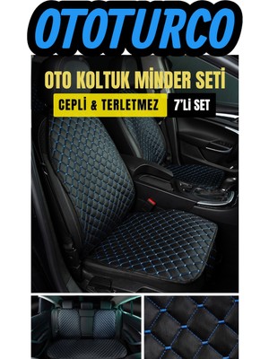 Ergonomik,ortopedik,suni Deri Kapitoneli Lüks Ototurco Oto Koltuk Kılıfı-Minderi (7li Tam Set)Siyah-Mavi