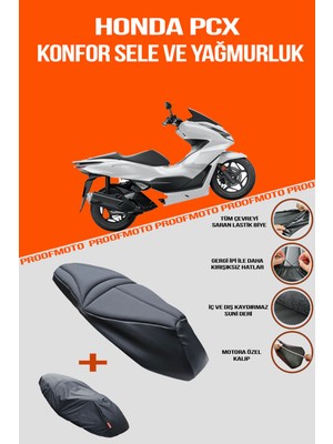 PROOFMOTO Honda PCX Konfor Sele Kılıfı ve Yağmurluk, Kaydırmaz Suni Deri, Motor Uyumlu