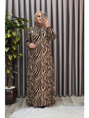 Elmas Tesettür Kadın Tesettür Giyim Büyük Beden Zebra Desen Elbise