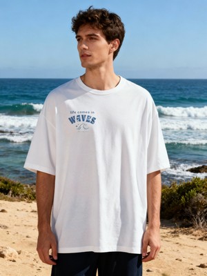 Hena Ocean Glow Beyaz Oversize Unisex Baskılı Pamuklu Tişört