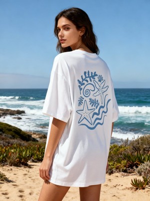 Hena Ocean Glow T-Shirt  Oversize Beyaz %100 Pamuklu Unisex