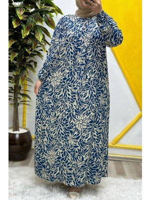 Elmas Tesettür Kadın Tesettür Giyim Büyük Beden Yaprak Desenli Tam Robalı Elbise