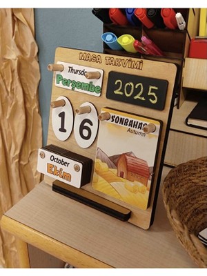 Ankebut Ahşap Kare Masa Takvimi Türkçe Ingilizce Öğrenimi