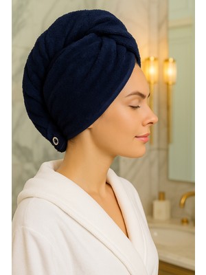 %100 Pamuk Düğmeli Lüx Lacivert Havlu Saç Bonesi