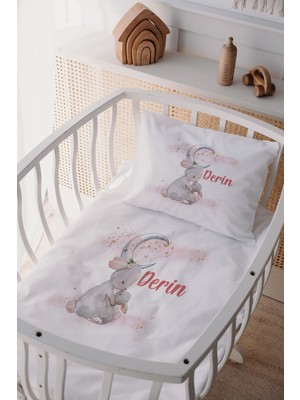 Lilabio %100 Pamuk Saten Isme Özel Isimli Anne Yanı Beşik Nevresim Takımı Tavşan ve Yavrusu