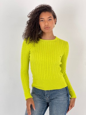 Miss Poem Kadın Saç Örgü Desenli Bisiklet Yaka Yeşil Kazak