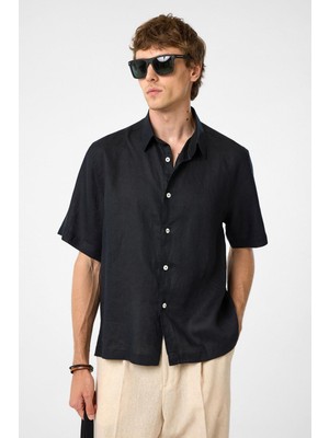 Antioch Siyah 100% Keten Relaxed Erkek Gömlek