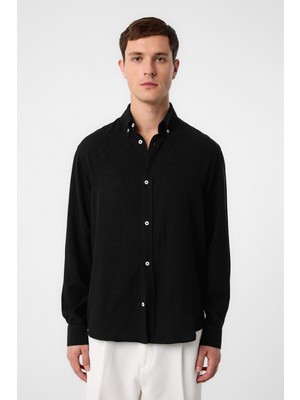 Antioch Siyah Keten Karışımlı Yaka Düğmeli Erkek Gömlek