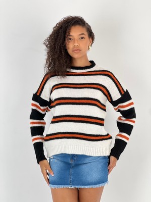 Miss Poem Kadın Bisiklet Yaka Oranj Çizgili Kazak