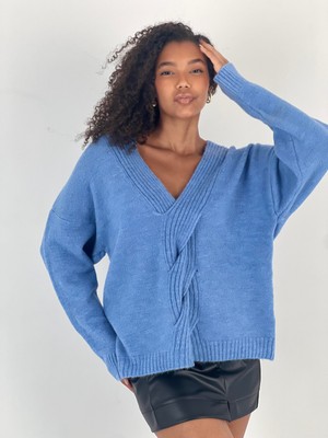 Miss Poem Kadın Saç Örgü Detaylı V Yaka Mavi Triko