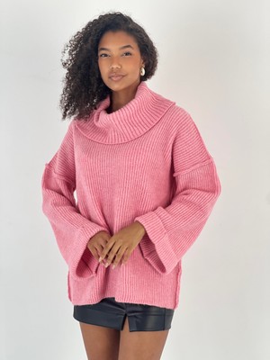 Miss Poem Kadın Oversize Yüksek Yaka Pembe Triko Kazak
