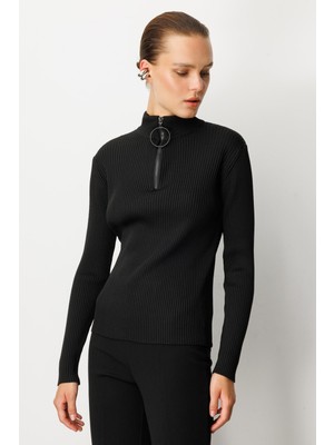 Accort Fermuar Yaka Yarım Balıkçı Triko Kazak-Siyah